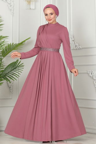 moda selvim Evening Dress with Stone Embroidered Belt 259DVL817 Rose Dry - Thumbnail