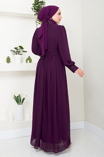 moda selvim Evening Dress YGS4020-M Damson - Thumbnail