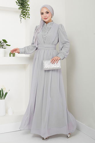 moda selvim فستان سهرة رمادي YGS4020-M - Thumbnail