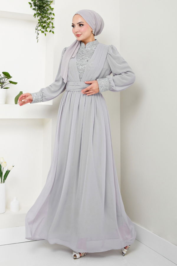 Modaselvim خصم صافٍ20%+20% في سلة التسوق فستان سهرة رمادي YGS4020-M