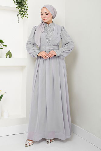 moda selvim فستان سهرة رمادي YGS4020-M - Thumbnail