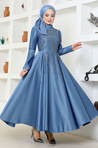 moda selvim Evening Dress YGS6357-M Indigo - Thumbnail