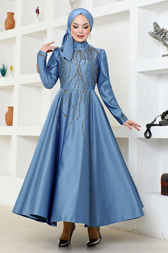 moda selvim Evening Dress YGS6357-M Indigo - Thumbnail