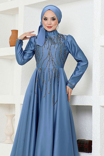 moda selvim Evening Dress YGS6357-M Indigo - Thumbnail