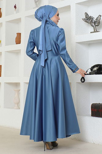 moda selvim Evening Dress YGS6357-M Indigo - Thumbnail