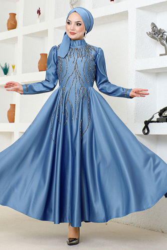 moda selvim فستان سهرة ازرق YGS6357-M - Thumbnail