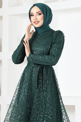 moda selvim فستان سهرة زيتي YGS6421-M - Thumbnail