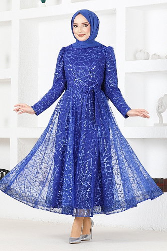 moda selvim فستان سهرة نيلي YGS6421-M - Thumbnail