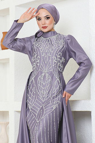 moda selvim فستان سهرة ليلكي YGS6546-M - Thumbnail