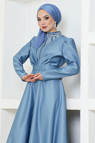 moda selvim Evening Dress YGS6559-M Blue - Thumbnail