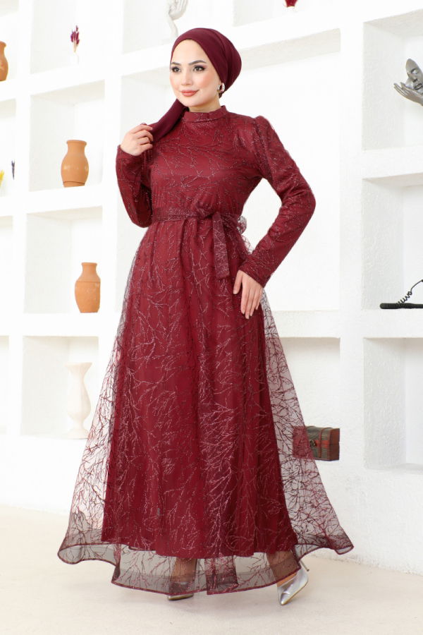 Modaselvim NET 20%+20% DISCOUNT IN THE CARD Evening Dresses END5592 Burgundy with Skirted Waisted Belt