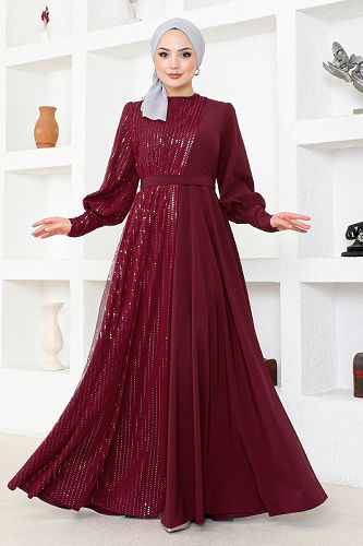 moda selvim Evening Dresses with Glitter Transition ASM2703-M Burgundy - Thumbnail