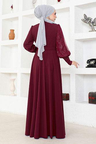 moda selvim Evening Dresses with Glitter Transition ASM2703-M Burgundy - Thumbnail