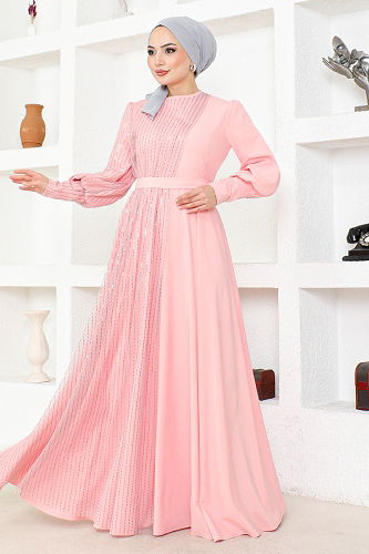 moda selvim Evening Dresses with Glitter Transition ASM2703-M Powder - Thumbnail