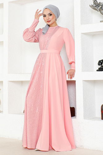 moda selvim Evening Dresses with Glitter Transition ASM2703-M Powder - Thumbnail