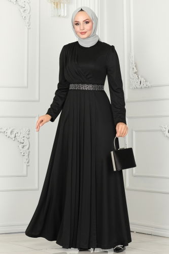 moda selvim Evening Dresses with Stone Embroidered Belt 259DVL817 Black - Thumbnail