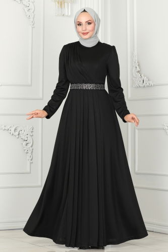 moda selvim Evening Dresses with Stone Embroidered Belt 259DVL817 Black - Thumbnail