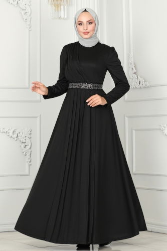 moda selvim Evening Dresses with Stone Embroidered Belt 259DVL817 Black - Thumbnail