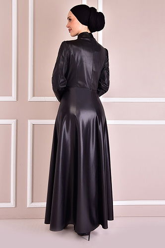 moda selvim Evening Dresses with Stone Embroidered Belt ASM21357-M Black - Thumbnail