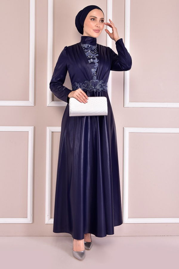 Modaselvim NET 20%+20% DISCOUNT IN THE CARD Evening Dresses with Stone Embroidered Belt ASM21357-M Indigo