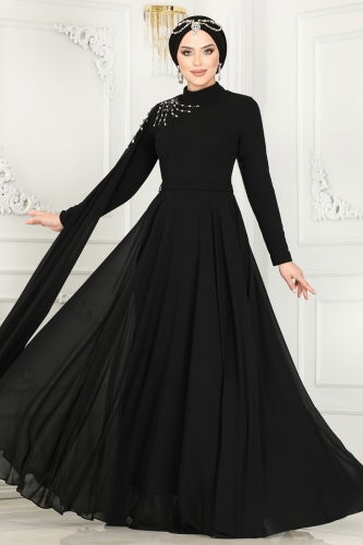 moda selvim Evening Dresses with Stone Embroidered Shoulder 4547SRH861 Black - Thumbnail