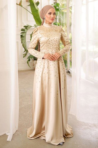 moda selvim 015AZ865 بيج فساتين سهره - Thumbnail