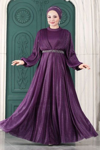 moda selvim Evening Wear 1853AY342 Damson - Thumbnail