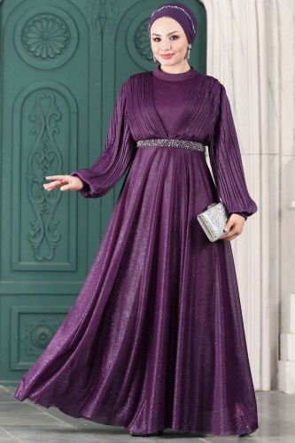 moda selvim 1853AY342 ارجواني فساتين سهره - Thumbnail