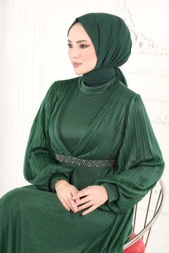 moda selvim 1853AY342 الزيتي فساتين سهره - Thumbnail