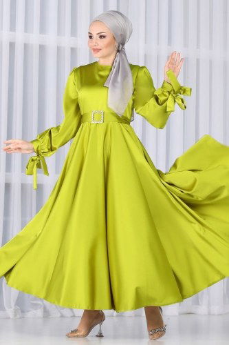 moda selvim 1858AY342 لون زيتوني فساتين سهره - Thumbnail