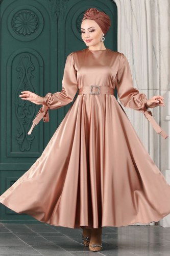 moda selvim 1858AY342 البرونز فساتين سهره - Thumbnail