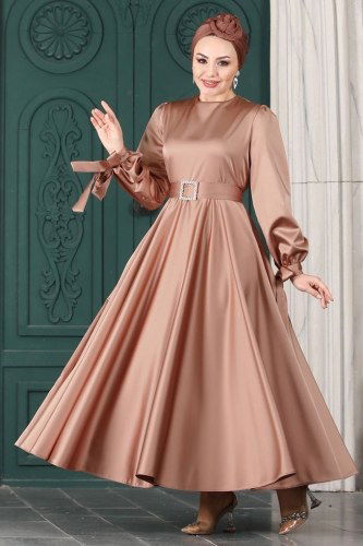 moda selvim 1858AY342 البرونز فساتين سهره - Thumbnail