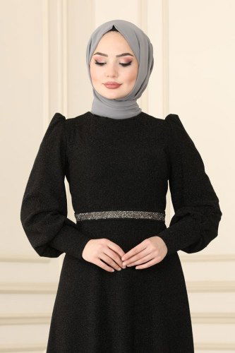 moda selvim 22017PN204 اسود فساتين سهره - Thumbnail