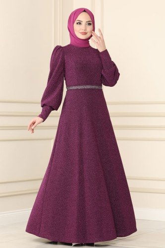 moda selvim 22017PN204 ارجواني فساتين سهره - Thumbnail