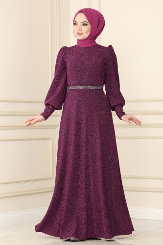 moda selvim 22017PN204 ارجواني فساتين سهره - Thumbnail