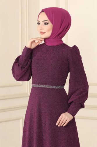 moda selvim 22017PN204 ارجواني فساتين سهره - Thumbnail