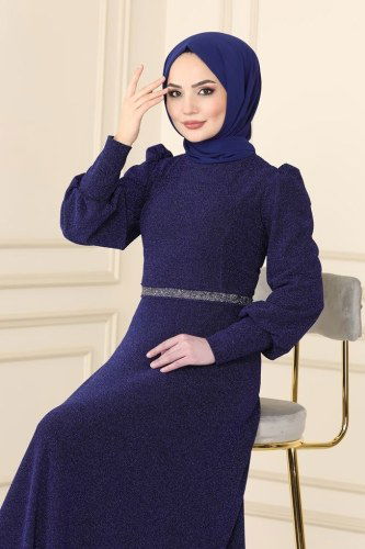 moda selvim 22017PN204 الأزرق الداكن فساتين سهره - Thumbnail