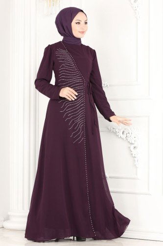 moda selvim 2205PN204 بنفسجي فساتين سهره - Thumbnail