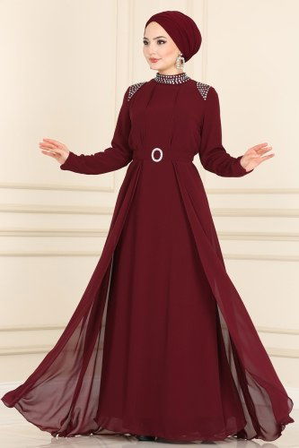 moda selvim Evening Wear 2214PN204 Claret Red - Thumbnail