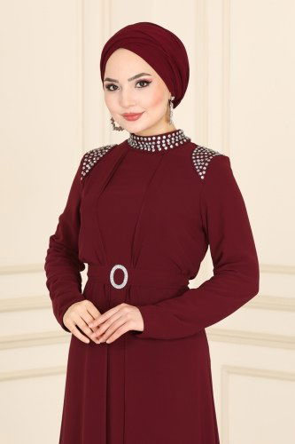 moda selvim Evening Wear 2214PN204 Claret Red - Thumbnail