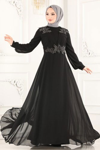 moda selvim 2215PN204 اسود فساتين سهره - Thumbnail