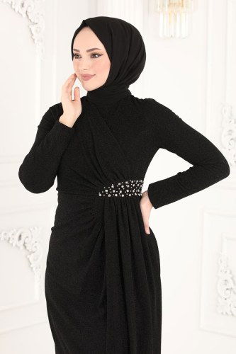 moda selvim 2216PN204 اسود فساتين سهره - Thumbnail