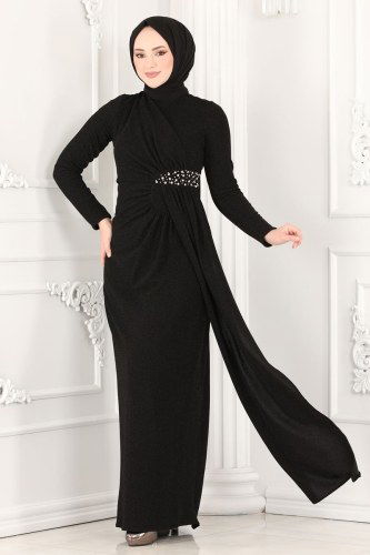 moda selvim 2216PN204 اسود فساتين سهره - Thumbnail