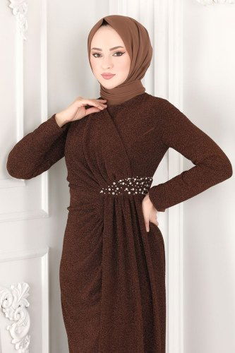 moda selvim 2216PN204 البني فساتين سهره - Thumbnail