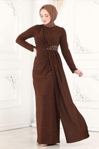 moda selvim 2216PN204 البني فساتين سهره - Thumbnail