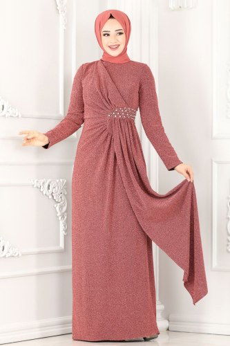 moda selvim 2216PN204 الزهري غامق فساتين سهره - Thumbnail