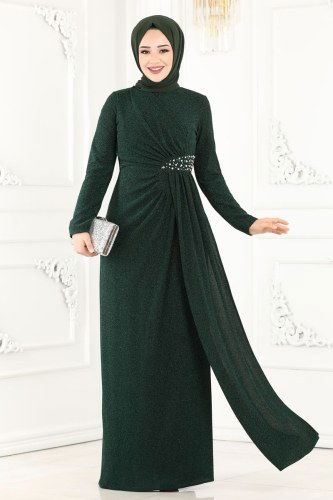 moda selvim 2216PN204 الزيتي فساتين سهره - Thumbnail