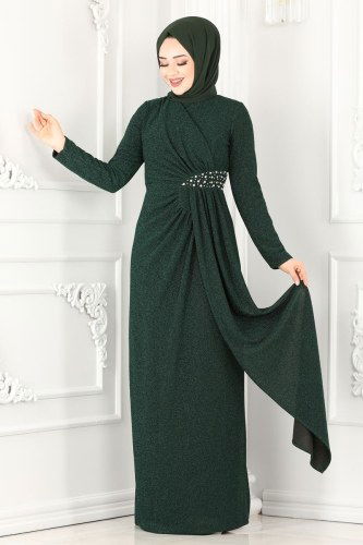 moda selvim 2216PN204 الزيتي فساتين سهره - Thumbnail