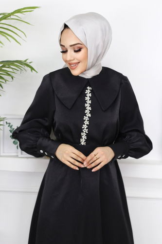 moda selvim 221OFR845 اسود فساتين سهره - Thumbnail