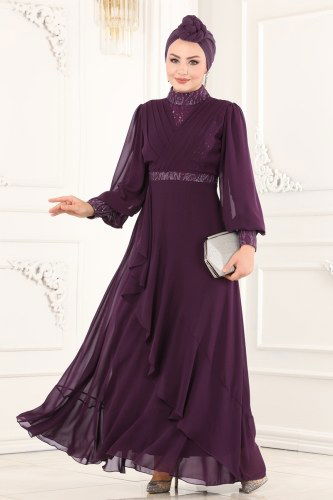 moda selvim 2220PN204 ارجواني فساتين سهره - Thumbnail